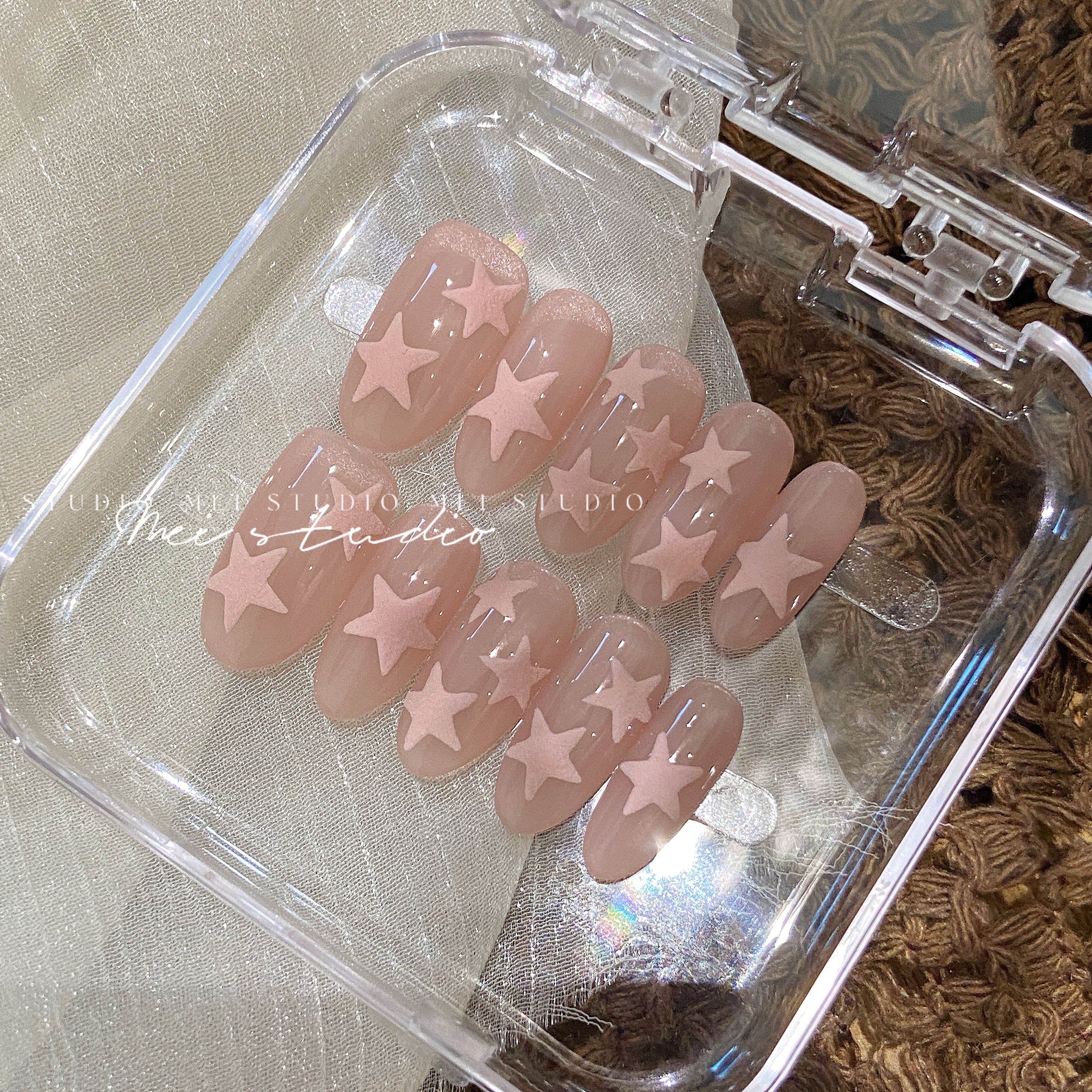 裸粉丝绒星星｜粉色水晶粉五角星简约百搭甜美风纯手工定制穿戴甲