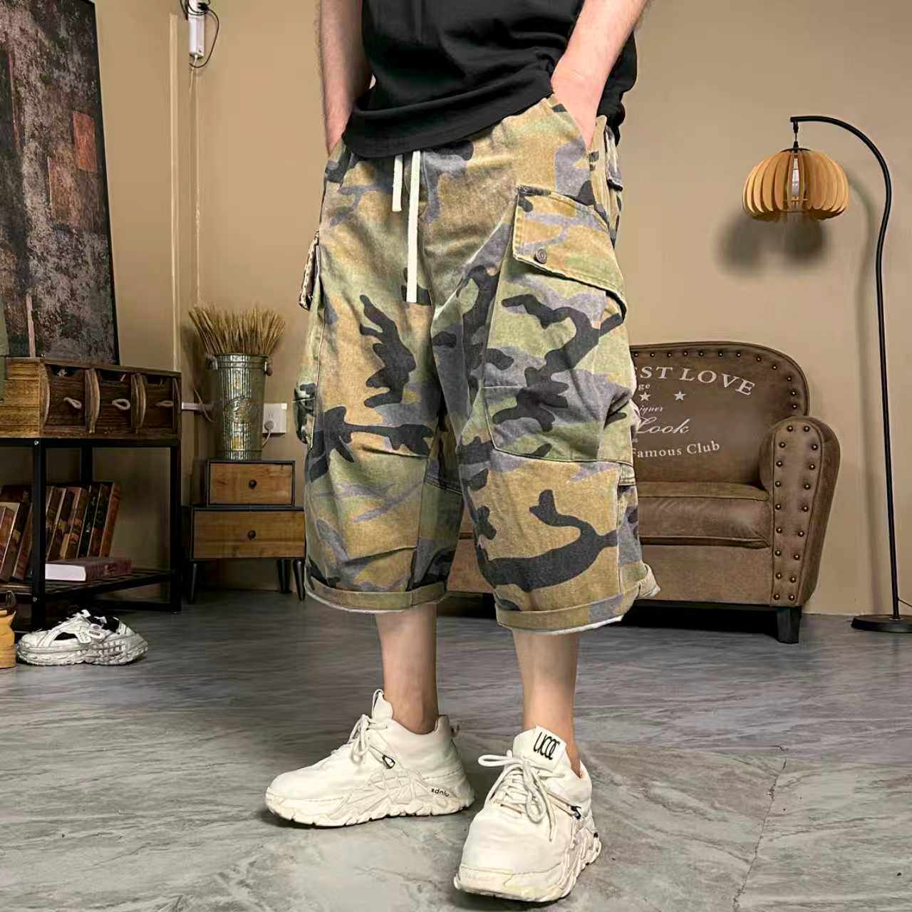 【玖澍春夏情侣宽松大码迷彩七分工装短裤松紧腰休闲多袋迷彩牛仔