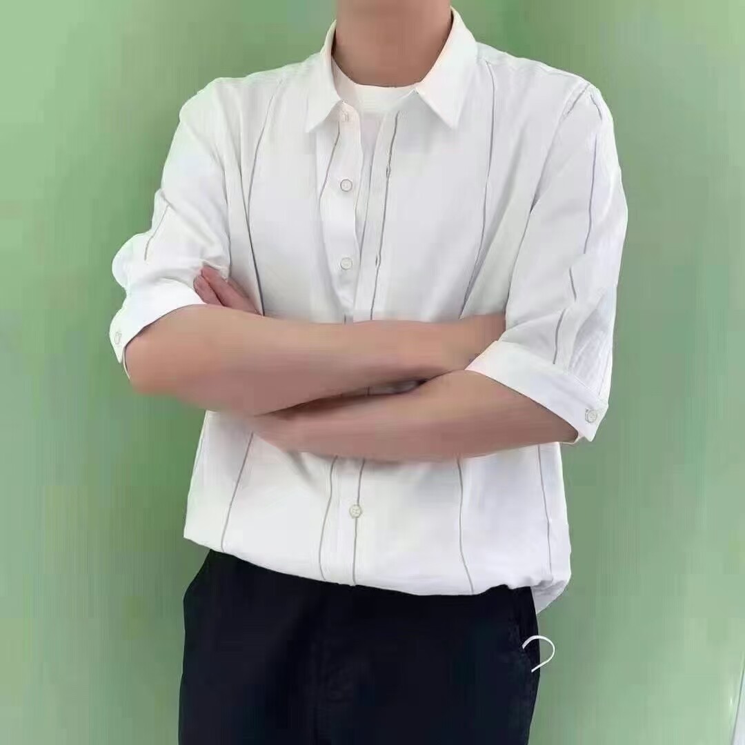 夏季新款条纹七分袖衬衫男亚麻衬衣韩版修身潮流帅气休闲中袖衬衣