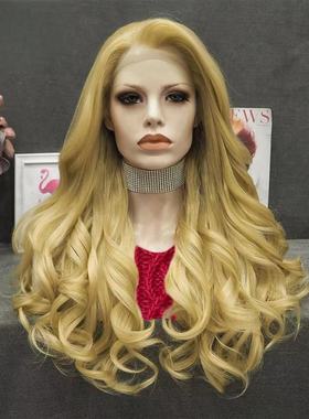 86#大卷前蕾丝整顶假发欧美黄金色wavy synthetic front wig
