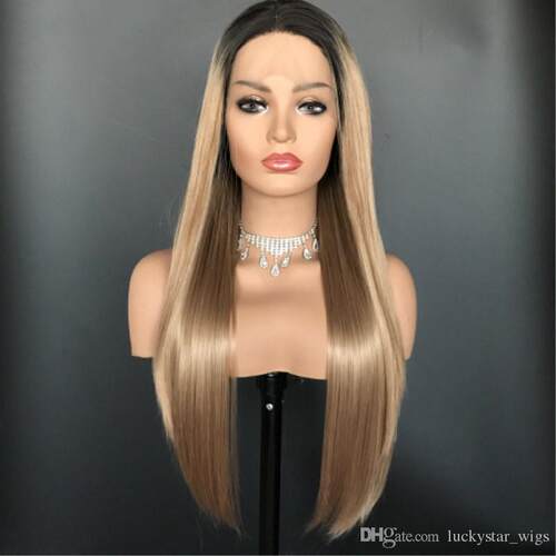 中分顺直渐变亚麻金色前蕾丝整顶假发头套synthetic front wig
