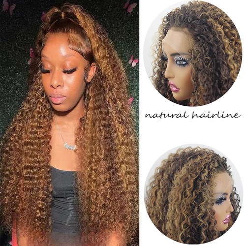 钢琴色小卷前蕾丝整顶假发头套高温丝化纤kinky curly lace wig