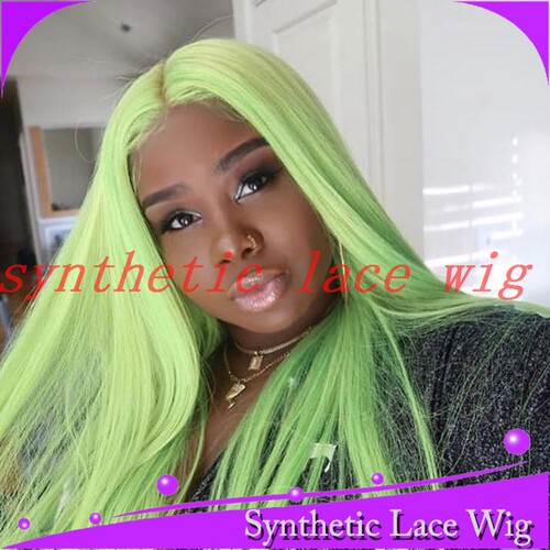 淡绿色中分刘海顺直高温丝蕾丝整顶假发cosplay front lace wig
