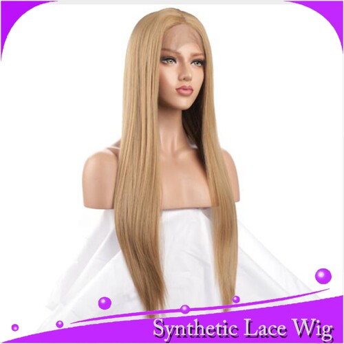 亚麻色中分顺直化纤蕾丝假发synthetic lace front wig中分刘海