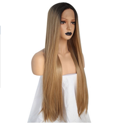 亚麻色中分顺直半手织自然发际线synthetic front lace wig wavy
