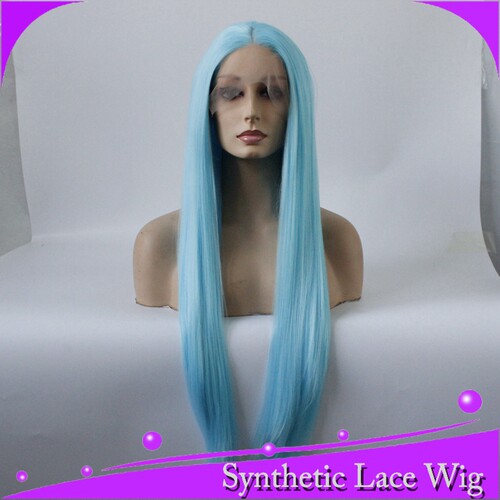 顺直浅蓝色中分60cm哑光高温丝front lace wig synthetic头套