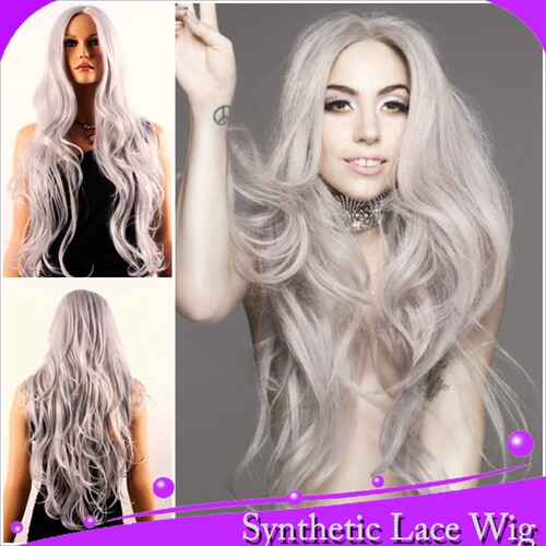 时尚灰自然波中分高温丝蕾丝假发半手工front lace wig synthetic