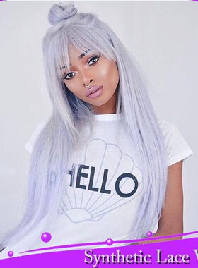 刘海款蓝灰顺直发际线半手织蕾丝假发synthetic front lace wig
