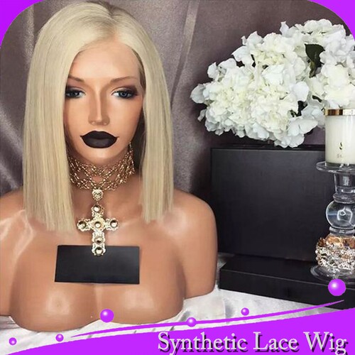 12英寸blonde短直波波左分浅棕蕾丝整顶lace front wig Synthetic