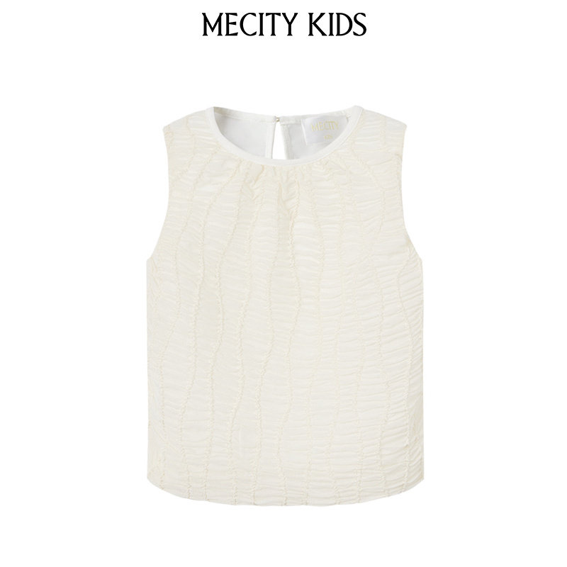mecity kids童装夏女童收皱材质相拼针织无袖恤504514
