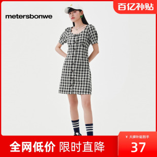 美特斯邦威時(shí)尚 潮流格紋提花休閑連衣裙女春秋校園風(fēng)高腰黑色裙子