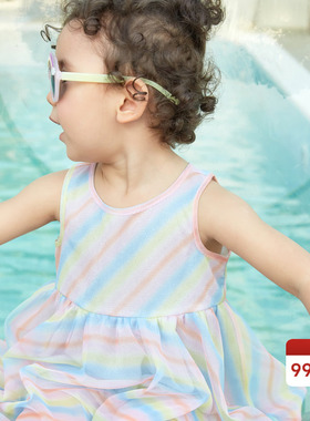 米喜迪mecity kids童装夏季女小童网纱印彩虹针织可爱连衣裙