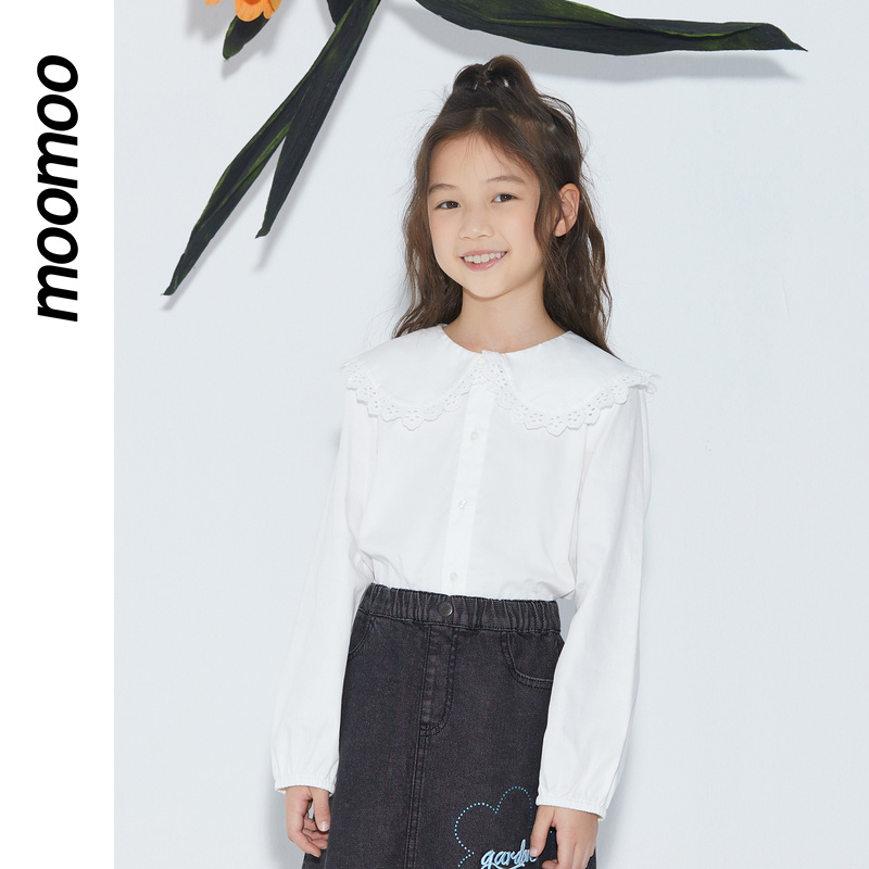 moomoo童装女童翻领衬衫春季中童纯色百搭舒适长袖上衣初春季衬