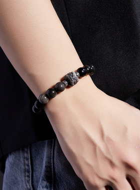 七夕礼物足银999银曜石醒狮手串