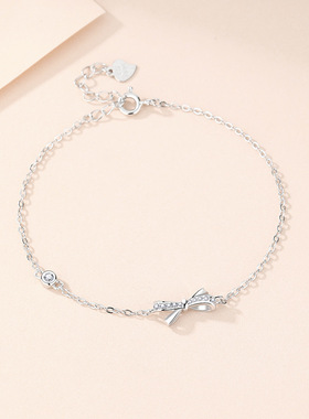 【七夕礼物】s999足银镶钻蝴蝶结手链女轻奢小众生日情人节礼物