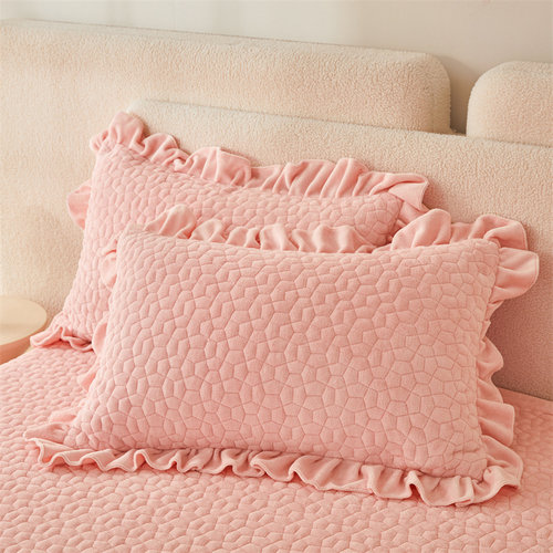 冬季加厚牛奶绒枕套一对荷叶边