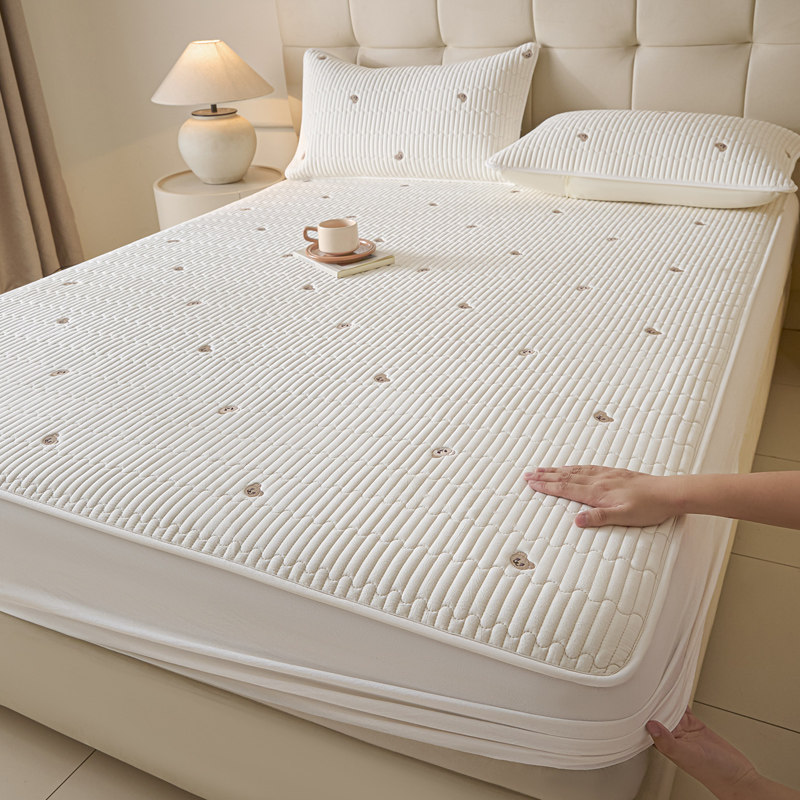 全棉色织水洗棉刺绣夹棉床笠单件席梦思床垫保护罩纯棉防滑床套子
