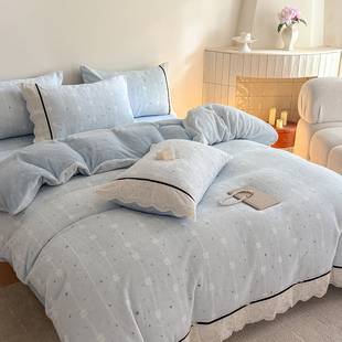 法式公主风雕花牛奶绒四件套床笠款冬季加厚珊瑚绒毛花边被套床单