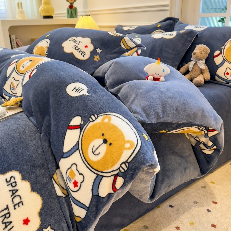 A类加厚牛奶绒四件套儿童卡通床单被套床笠款保暖双面珊瑚绒床品