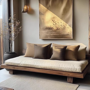 侘寂风实木沙发组合日式原木风民宿简约酒店别墅三人位沙发