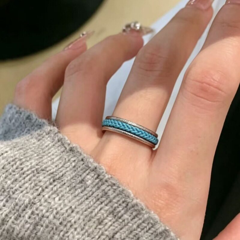 浅海蓝绳纹戒指INS风简约银边开口戒简约高级感小众设计食指戒