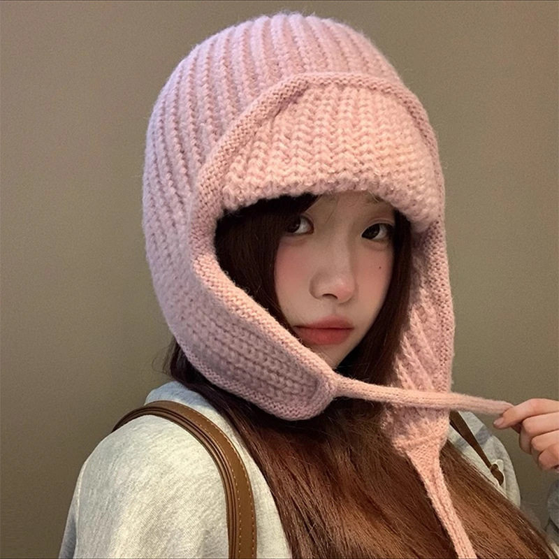 秋冬粉色针织毛线帽女系带护耳飞行帽保暖百搭显脸小滑雪雷锋帽子