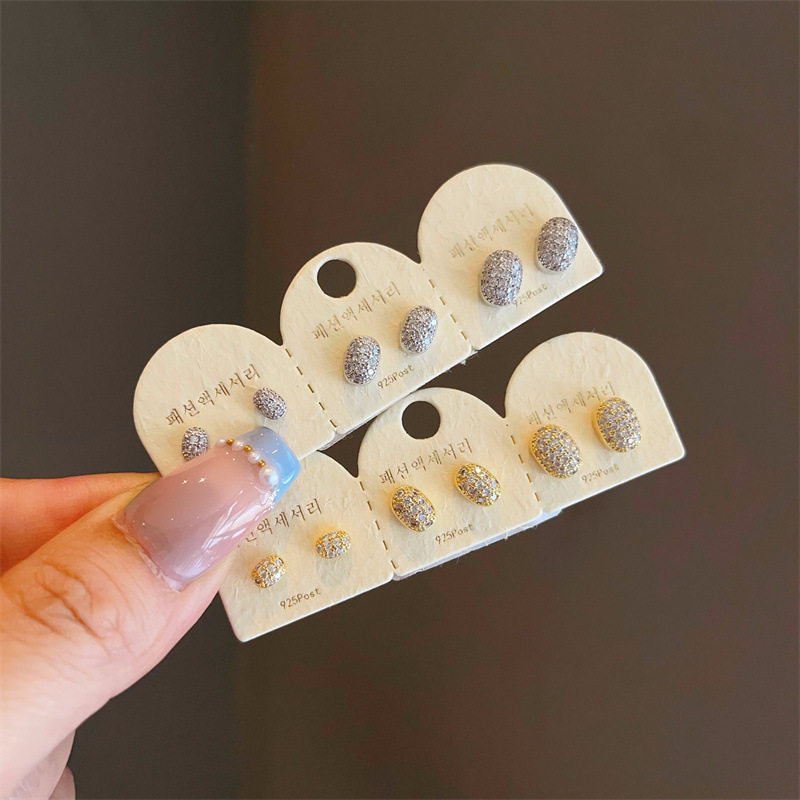 轻奢高级感三对装蛋形锆石耳钉气质耳环日常养耳洞银针耳饰品