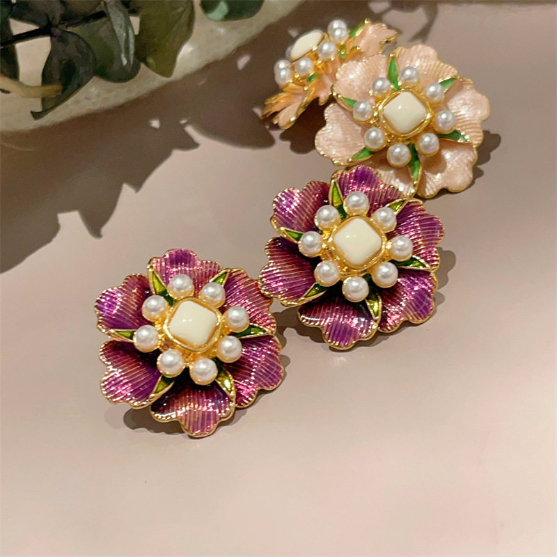 醉蝶花轻奢时尚高级感滴釉花朵耳钉新中式镶珍珠花蕊耳环耳饰银针