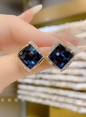 精美深蓝色方块耳夹女爱情魔方时尚耳饰网红百搭耳坠银针潮