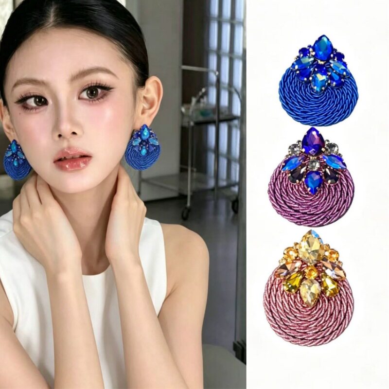 复古高级感编织镶钻彩色耳环气质度假风手工草扁几何形个性耳饰品