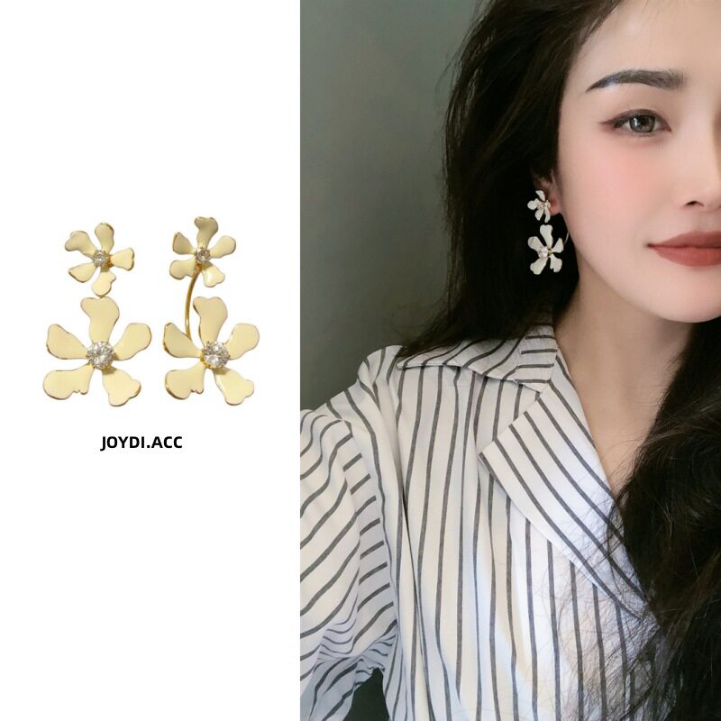 银针新中式时尚薰衣草花朵耳环超仙气质甜美夸张珐琅釉双叶花耳钉