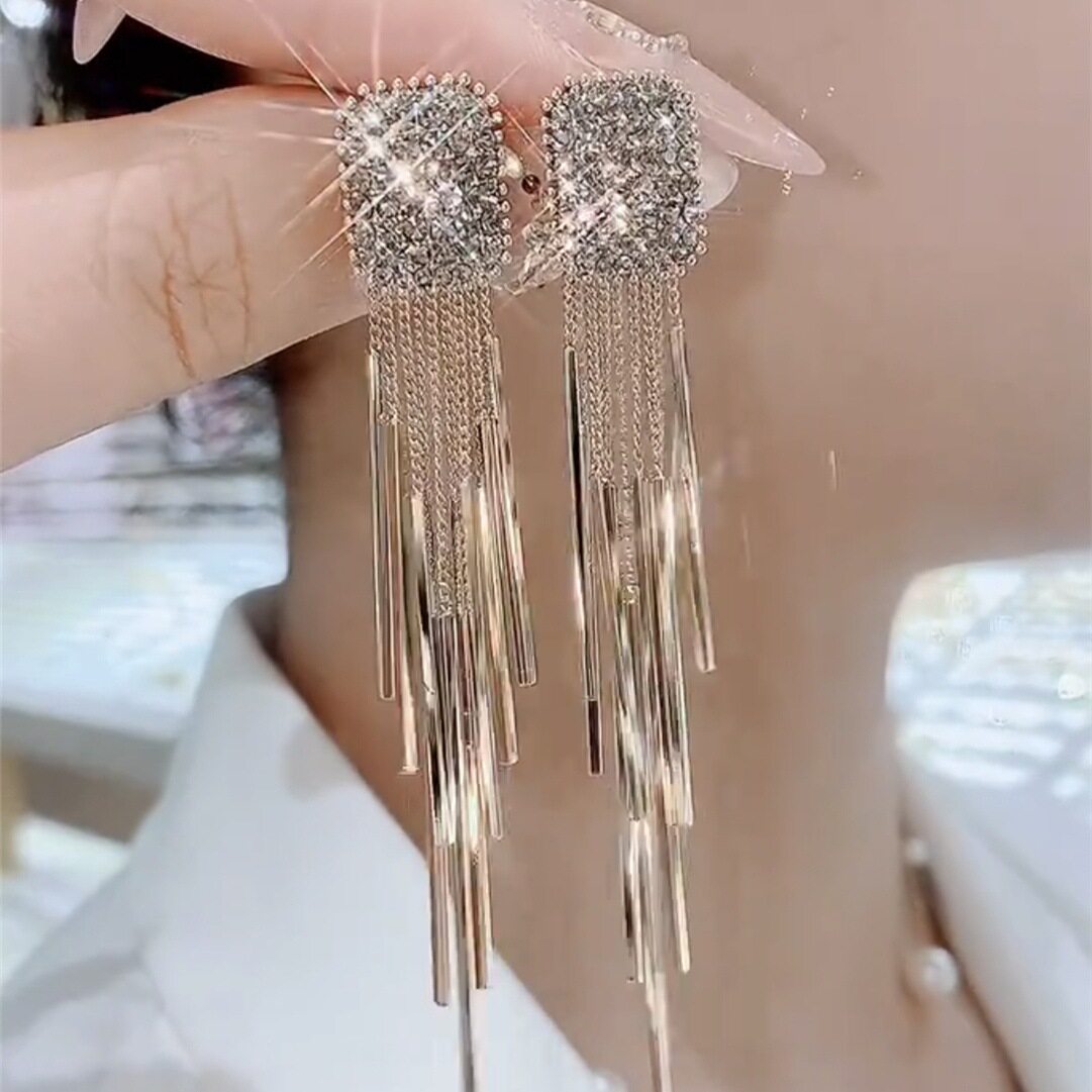 原创设计感金色长款流苏耳钉耳环女奢华镶钻气质配饰2025新款