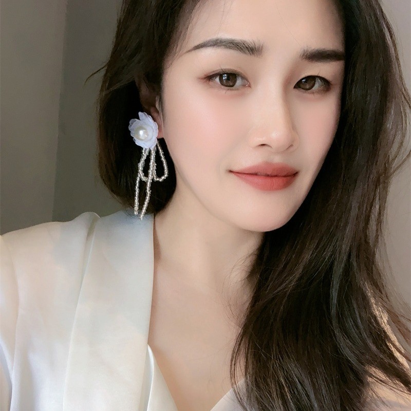 海边度假风白色蕾丝花朵水晶串珠长耳环超仙气质长耳坠气质耳饰品