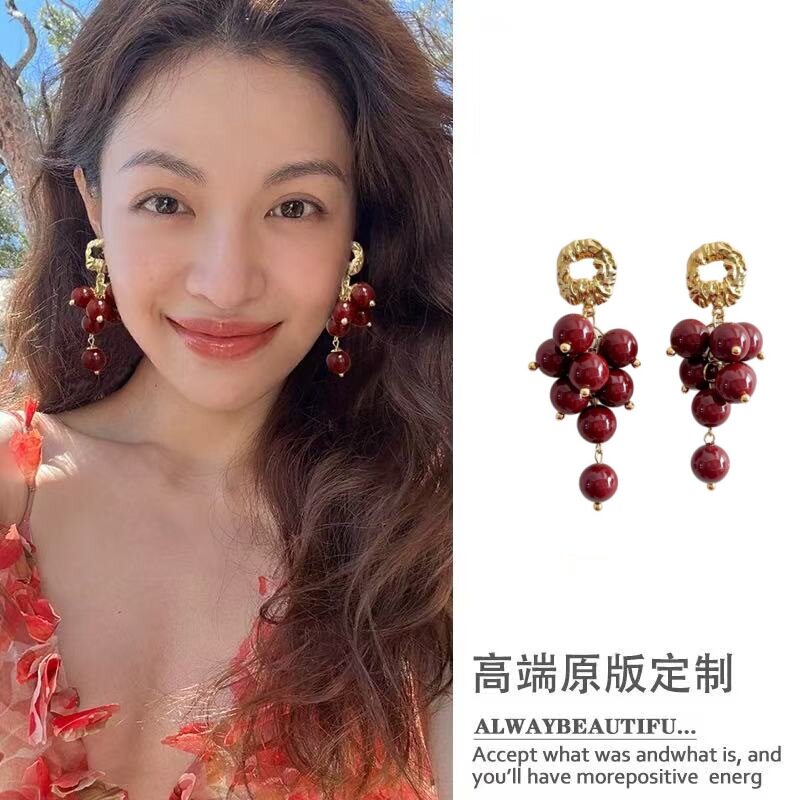 钟楚曦同款红色串珠流苏耳环女小众复古高级感耳坠度假风耳饰夏季