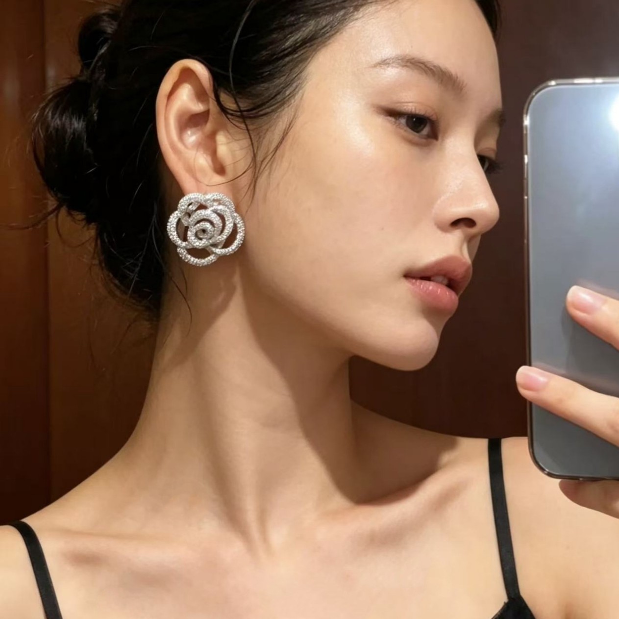 重工玫瑰花朵大耳环倪妮同款立体微镶锆石银针时尚气质名媛耳饰品