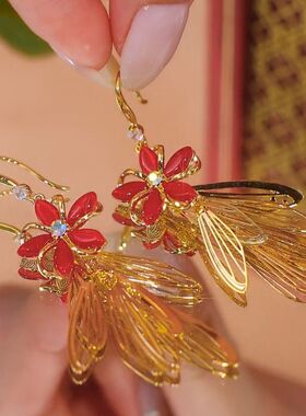 红色五芒花流苏长款耳钩耳环女设计感网红百搭耳饰2023新款