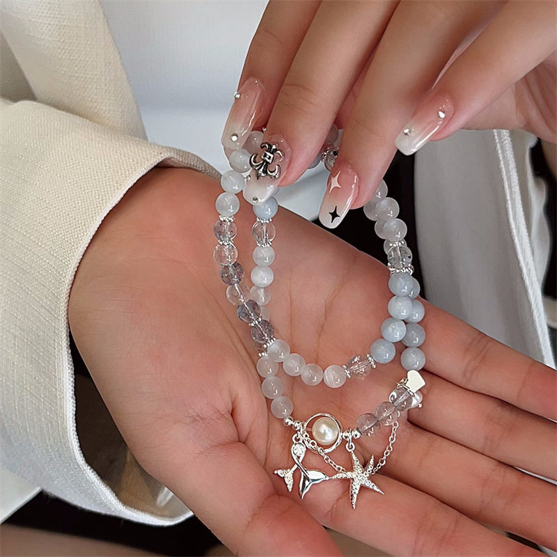 海蓝色猫眼石海洋系列鱼尾海星双层手链女INS风水晶甜美手串首饰