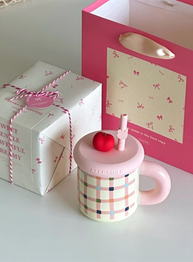 新年礼物手工包装生日礼盒少女心粉色撞色带盖马克杯咖啡水杯子