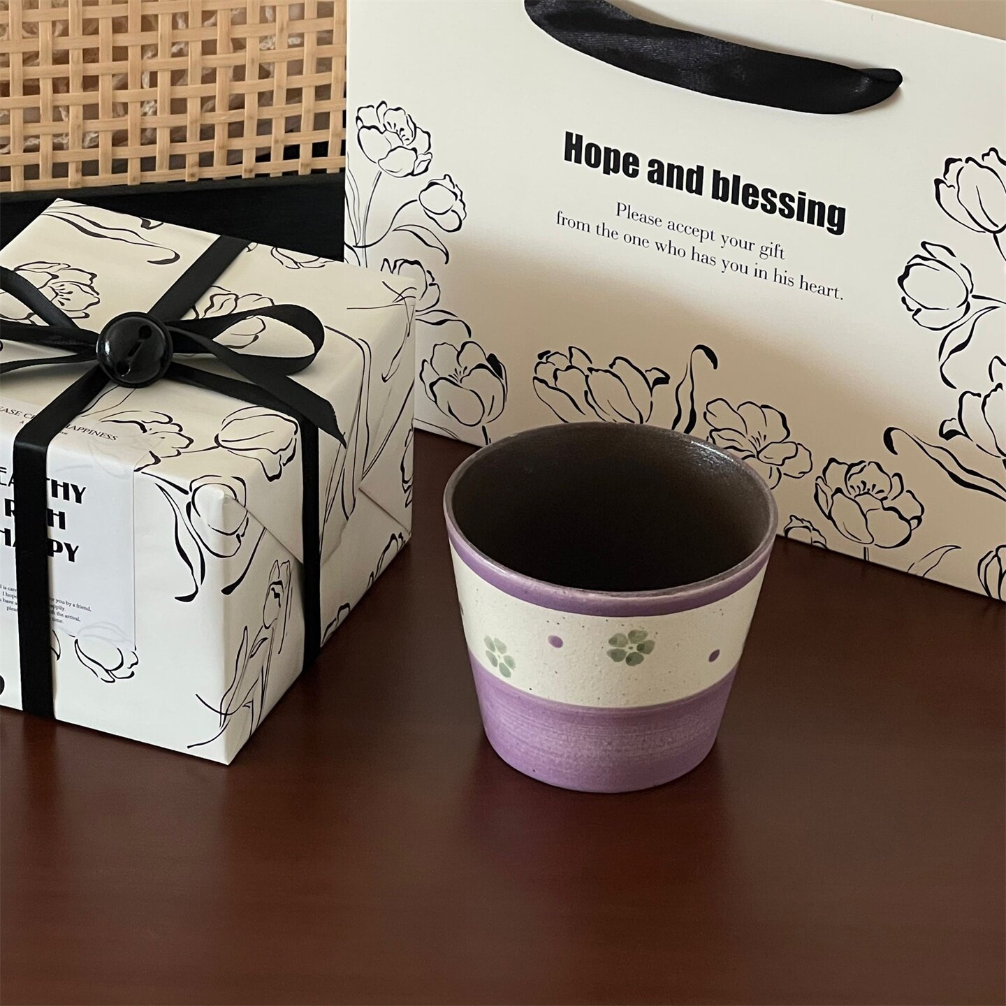 送女生礼物景德镇纯手工紫砂泥插画梦幻紫猪口杯手握咖啡杯礼盒