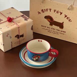 手绘卡通咖啡杯碟套装陶瓷马克杯高档精致下午茶拉花新年伴手礼盒