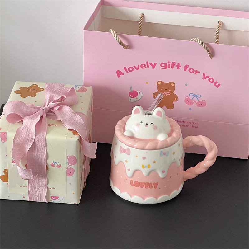 圣诞礼物包装可爱奶油蛋糕小熊带吸管闺蜜马克水杯咖啡杯伴手礼