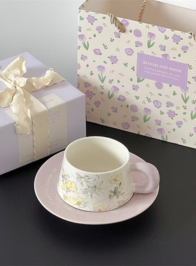新年单位礼品高级感紫色鸢尾花杯碟咖啡水杯子下午茶伴手礼盒