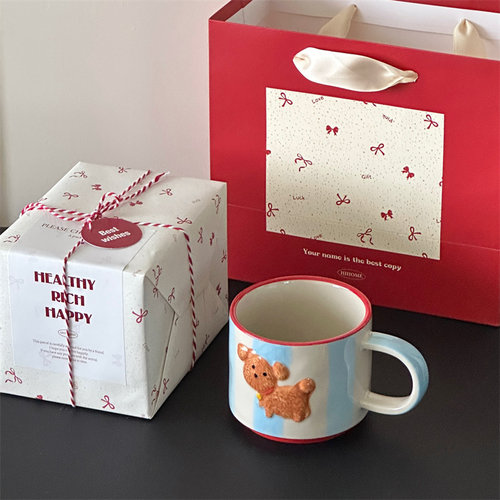 超可爱创意撞色条纹小狗陶瓷马克杯情侣杯中秋伴手礼物咖啡水杯子