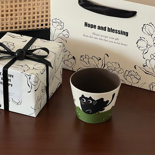 景德镇手作釉下彩小黑猫咖啡杯