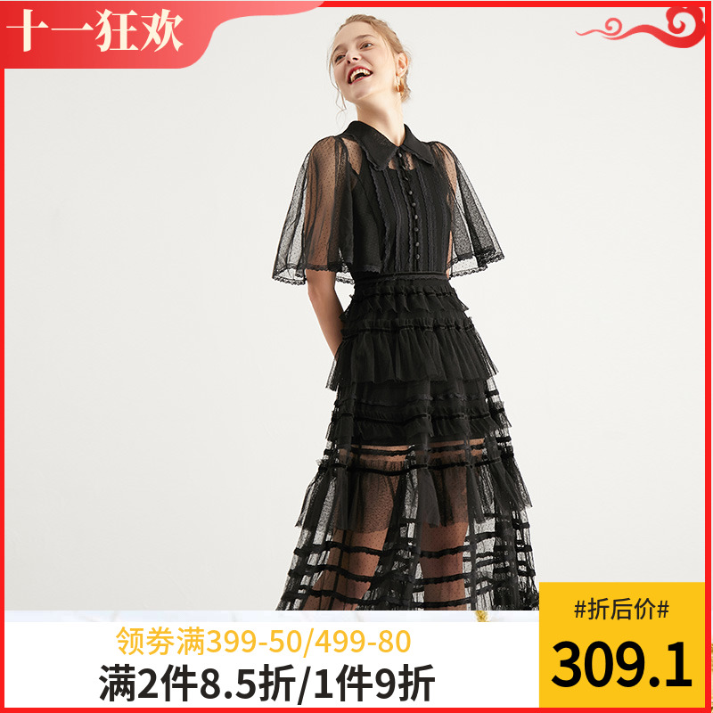 五折促销IVENI/依维妮很仙的小众法国连衣裙2019夏装黑色蕾丝堆堆蛋糕裙女