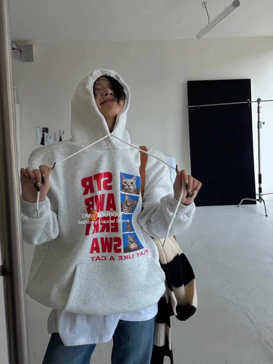 Mikyy 韩版2023冬季加绒加厚卫衣女连帽猫咪字母百搭宽松情侣上衣