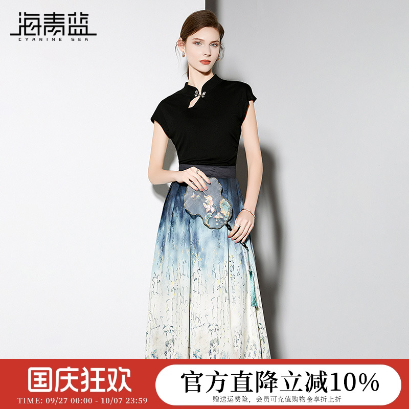 海青蓝新中式禅意套装裙
