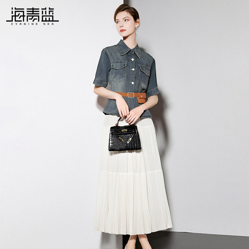 海青蓝 高级感牛仔衬衫上衣两件套25年新款夏季百褶半身裙套装女