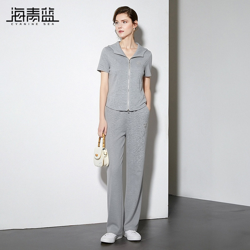 海青蓝 开衫短袖连帽套装2026新款长裤女装女装休闲运动两件套