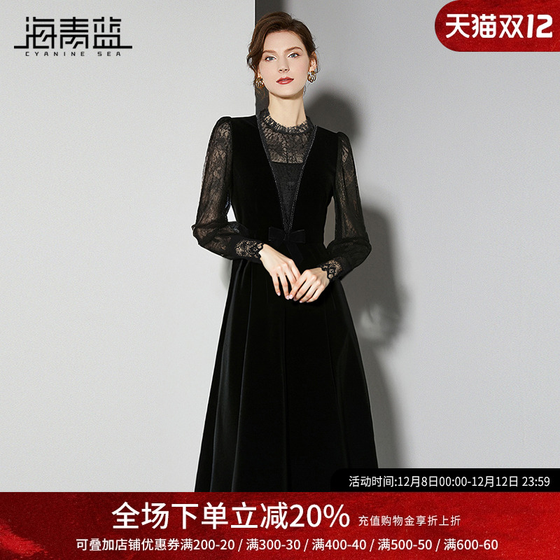 海青蓝设计感丝绒连衣裙